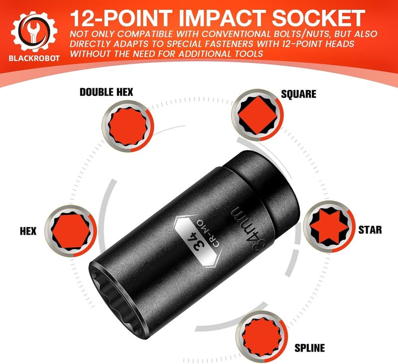 BLACKROBOT 34 mm 12-Point Deep Impact Socket, 1/2 Inch Drive, Metric, Black Manganese Phosphate Coating - Image 3